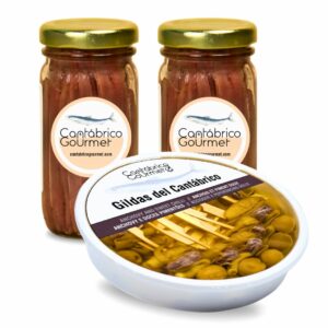 36-46 Filetes Anchoas de Santoña Artesanales Extra (200gr) + 20 Gildas de Anchoas del Cantábrico en Aceite de Oliva (600 gr) | Packs Gourmet Variados | Elaborado por Casa Santoña